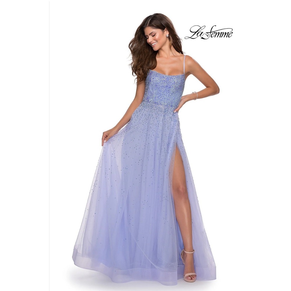 La Femme Gown Formal Dress Lavender Rhinestone Beaded Slit Evening Prom